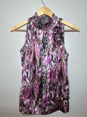 Essentials by Milano Purple Floral Mock Neck Sleeveless satin like Top Y2K small